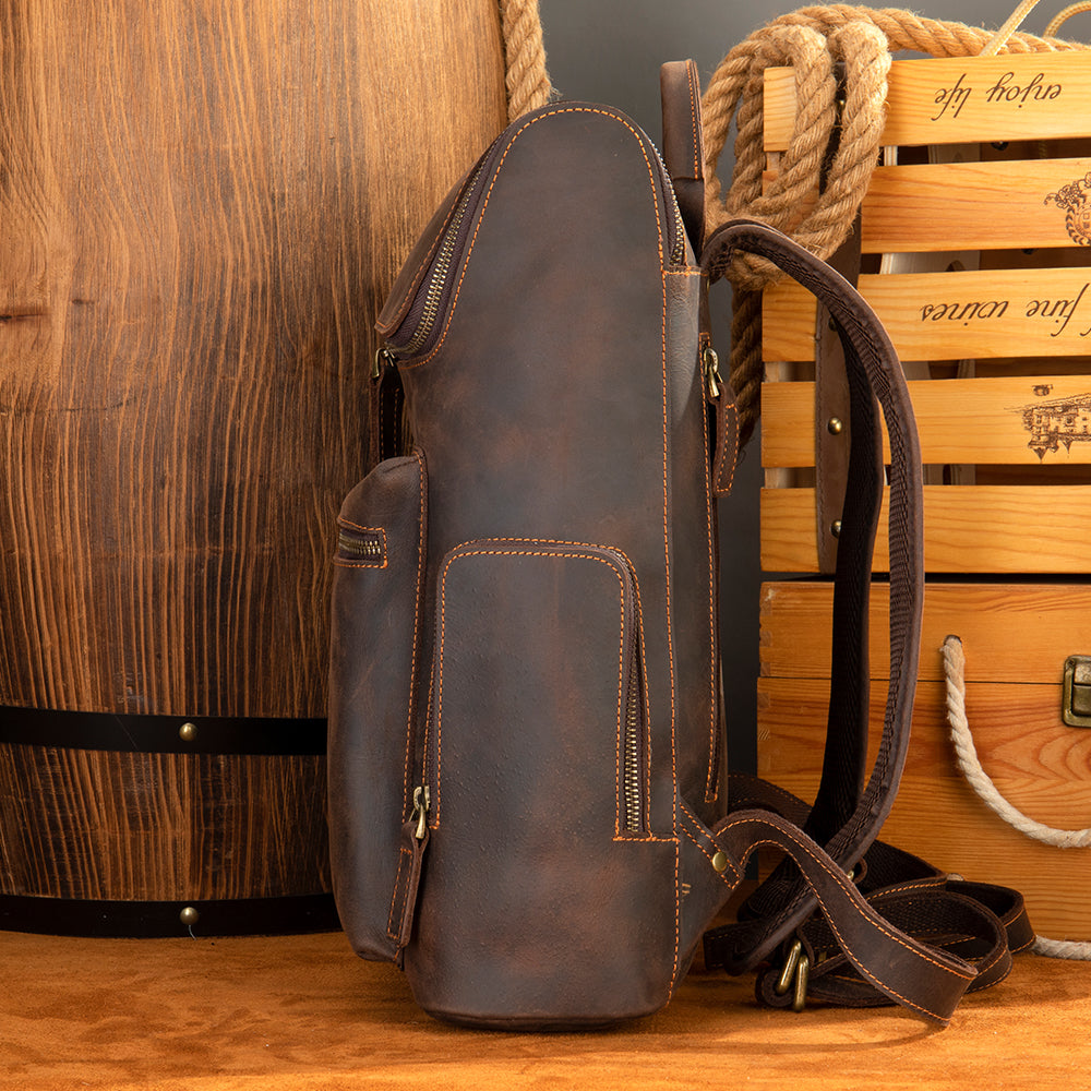 Brown Crazy Horse leather backpack that ages beautifully with use — Velavio Atlas men's leather backpack