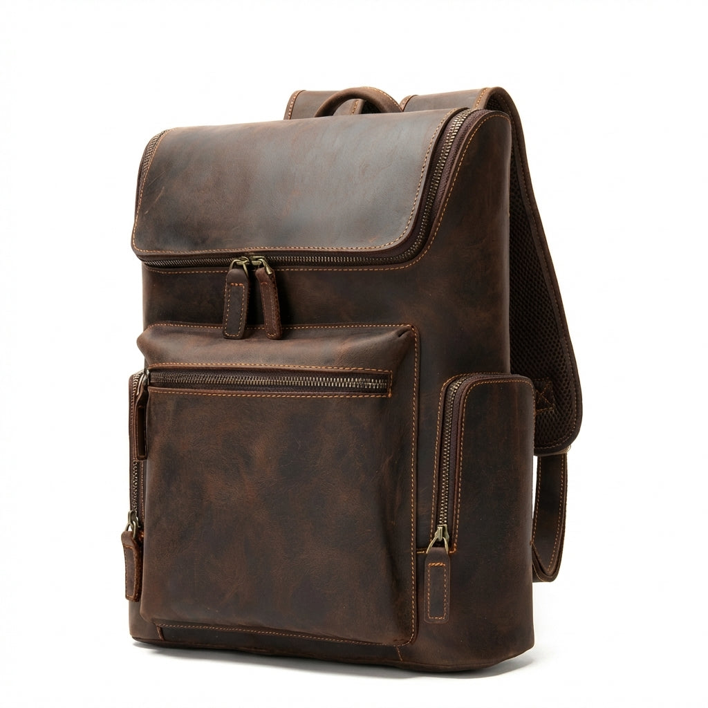 Velavio Atlas brown Crazy Horse full-grain leather backpack shown on white background