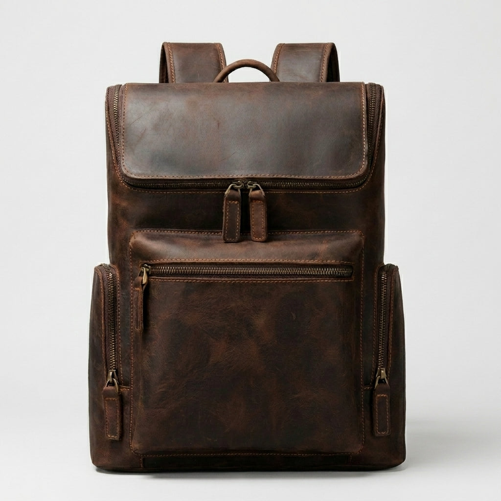 Velavio Atlas large brown Crazy Horse full-grain leather backpack for men, front view